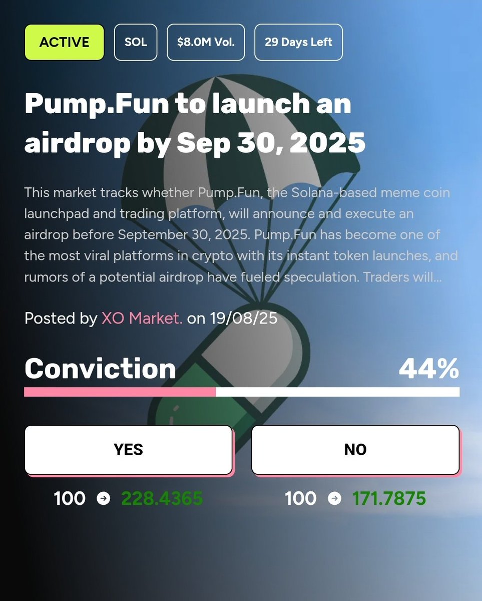 <a href="/pumpdotfun/">pump.fun</a> to launch an airdrop by Sep 30, 2025??

Select your conviction on <a href="/xodotmarket/">XO Market</a>.

Navigate to alpha.xo.market to get started. 

To begin, enter the invite code XO-AURA to unlock access.

Will drop more info on this tomorrow.
La grandeur dans mon ADN🔥