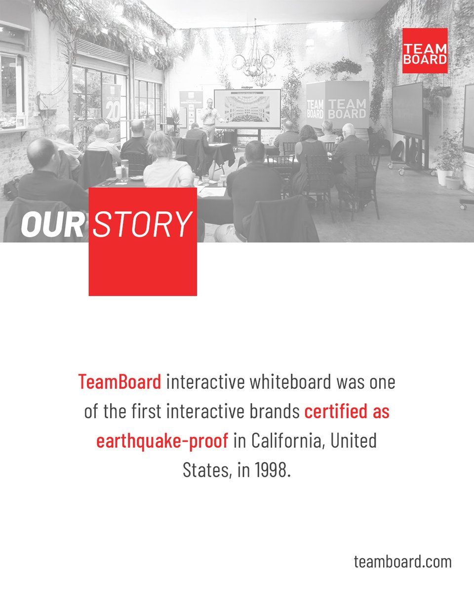 TeamBoard's tweet image. In 1998, TeamBoard’s interactive whiteboard became one of the first in the industry to be certified earthquake-proof in California, USA, a testament to our long-standing commitment to safety, quality, and innovation. 
#TeamBoard #InteractiveTechnology #Innovation