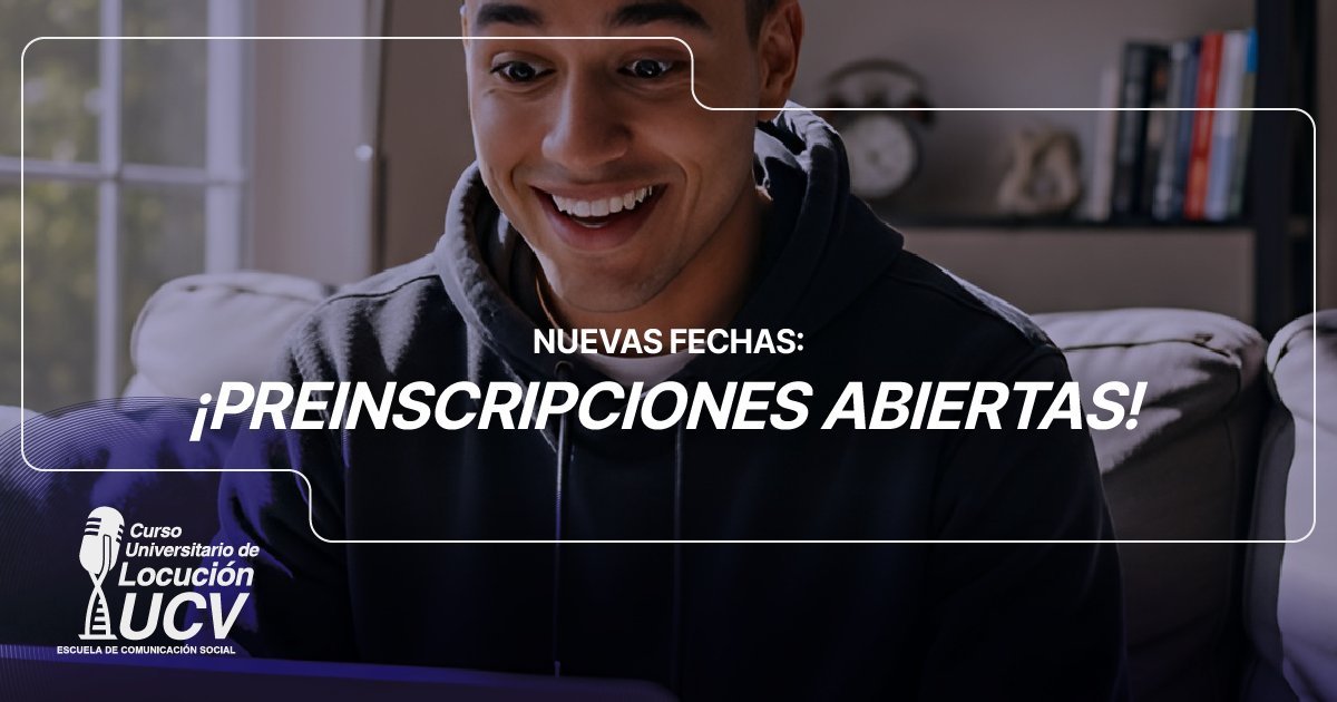 Ingresa en locucionucv.com e inscríbete en el curso de tu preferencia
👉🏻Lunes a viernes de 5 a 8 pm (22 de septiembre al 31 de octubre)
👉🏻Sábados y domingos de 8 am a 1 pm (18 de octubre al 20 de diciembre)
👉🏻Lunes a viernes de 5 a 8 pm (10 de noviembre a 19 de diciembre)