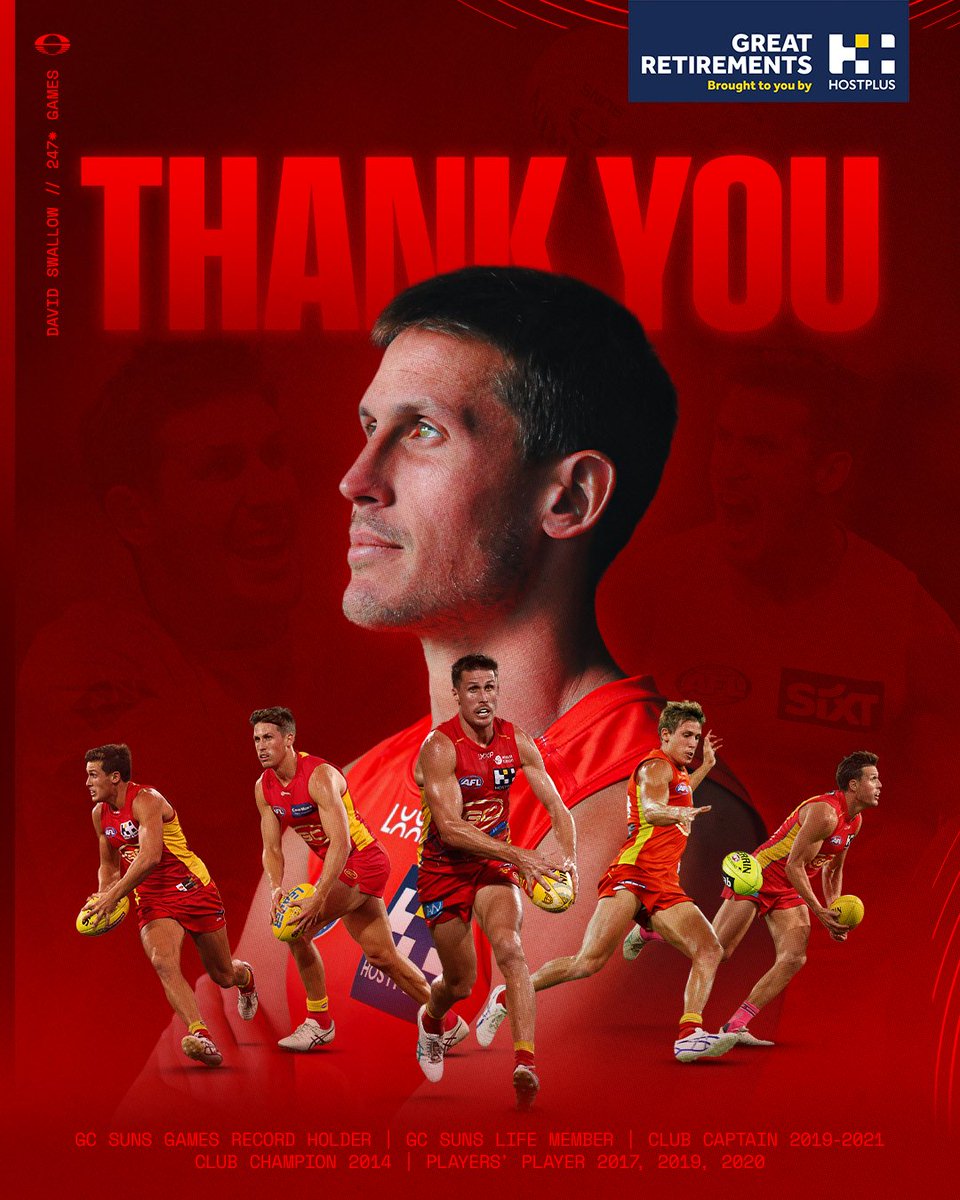GoldCoastSUNS's tweet image. Our last inaugural SUN, Dave Swallow, will retire after 15 years at season&apos;s end. Dave is part of the fabric of our football club, someone whose name will forever be etched into the walls.

Thank you for all you have contributed to our Club ❤️

Read more: goldcoastfc.com.au/news/1883608/c……