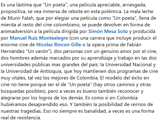 pedroazuluaga's tweet photo. El gran fin de semana de "Un poeta" en las salas de cine y la forma como el apoyo de Cine Colombia ha sido determinante en ese éxito, han vuelto a revivir discusiones como las de la cuota de pantalla para el cine nacional, y no pocas heridas históricas.  

Les invito a leer: https://t.co/gAeceeTgEH