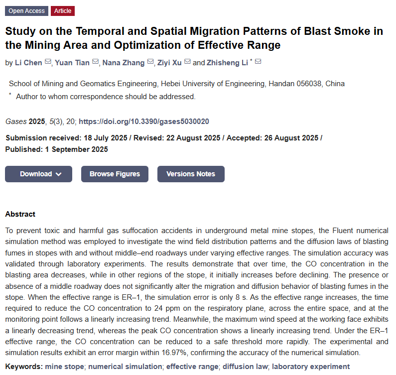 Gases_MDPI's tweet image. 📢New published paper
👀Study on the Temporal and Spatial Migration Patterns of Blast Smoke in the Mining Area and Optimization of Effective Range
✍️by Zhisheng Li et al.
🔗Full text: mdpi.com/2673-5628/5/3/…
📌#CO_concentration #numerical_simulation #mine_stope