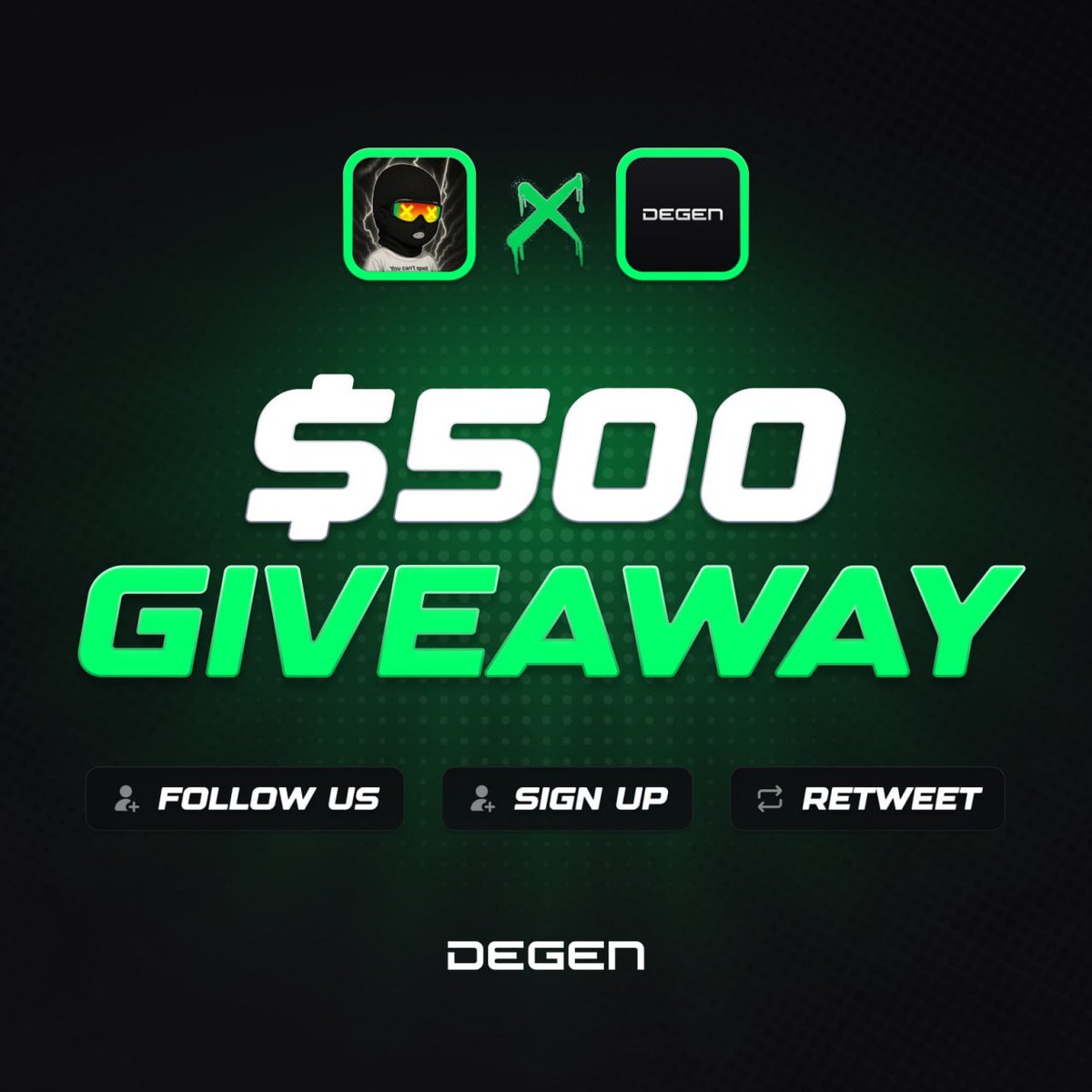 $500 Giveaway ( 5 winners )

‣ Follow <a href="/obeyguyy/">Guy</a> + <a href="/degencom/">Degen</a> 
‣ Like, RT &amp; Drop SOL addy
‣ Sign up with my link in the replies

72H ⏳