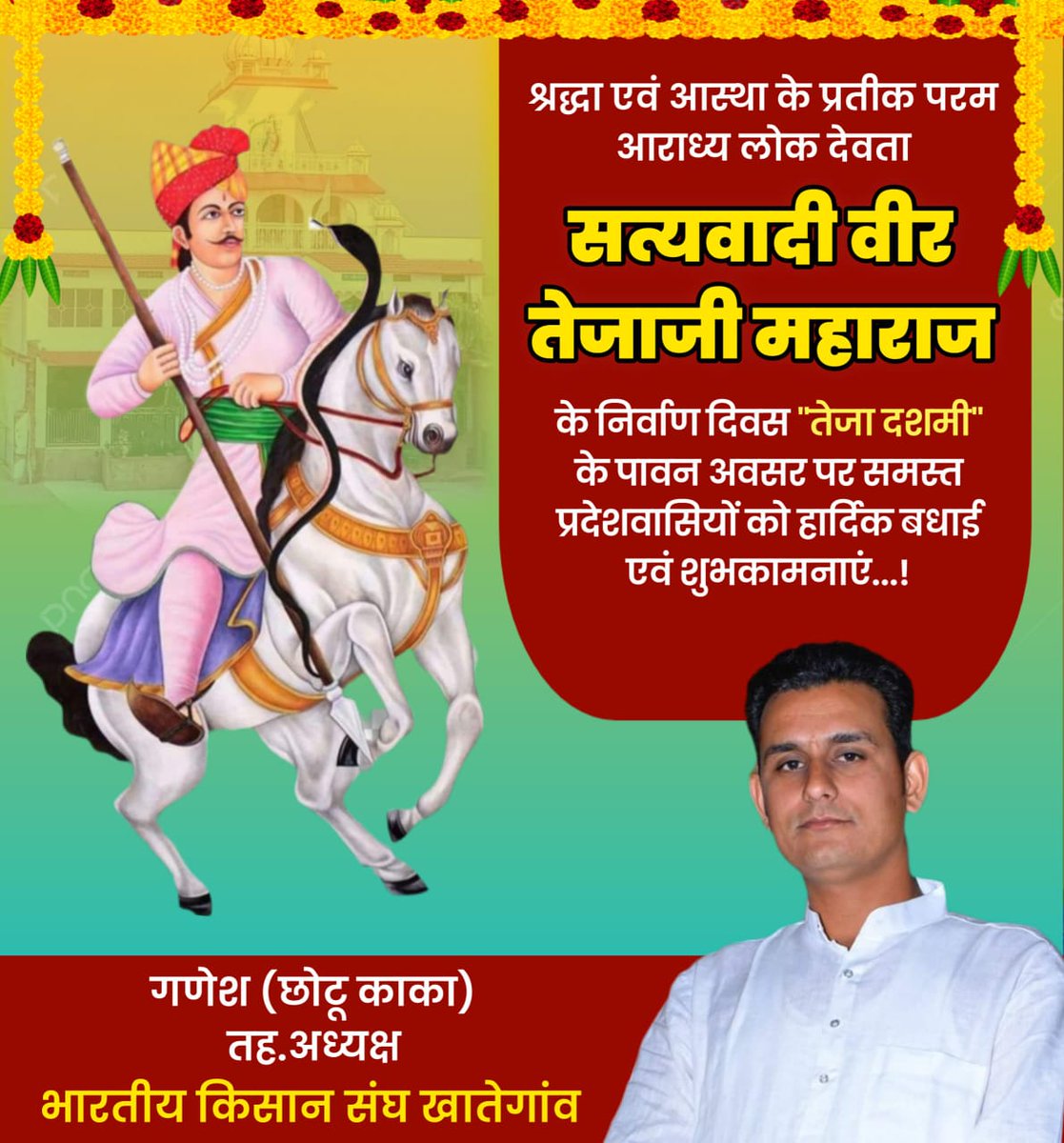तेजा दशमी के शुभ अवसर पर श्रद्धेय तेजाजी महाराज को शत-शत नमन।
उन्होंने गायों की रक्षा के लिए जीवन समर्पित किया। कर्तव्य मार्ग पर साहस, वचनबद्धता व शौर्य का परिचय देते हुए समाज के शोषित वर्ग की रक्षा की।
उनका जीवन हमें सन्मार्ग पर चलने की प्रेरणा देता है
#तेजाजीमहाराज #tejadashmi