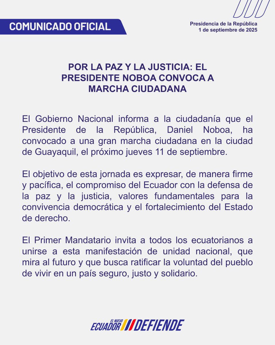 El Gobierno, que es el responsable de darle paz y seguridad a los ecuatorianos, convoca una gran marcha el 11 de septiembre para exigir paz y seguridad JA JA JA JA JA JA JA JA En serio que Noboa trata a sus votantes como si éstos fueran unos completos imbéciles.