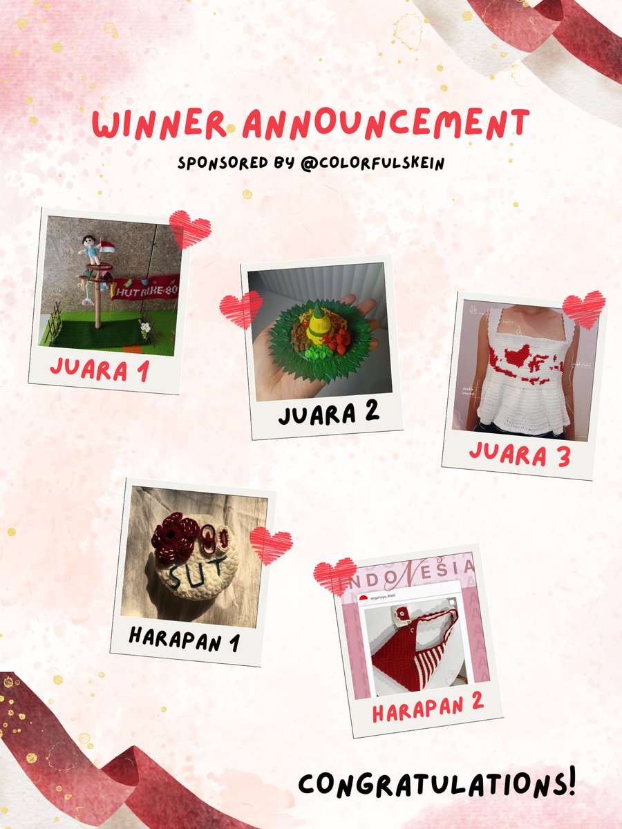 Hi teman-teman! Kami sudah memilih pemenang untuk #SudutRajutMonthlyChallenge bulan Agustus sesuai dengan kriteria yang sudah ditentukan :) Karena banyak sekali karya yang bagus, kami memutuskan untuk menambah 2 juara harapan!❣️ Selamat untuk:
Juara 1: <a href="/dearviien/">nopnop</a> 
Juara 2: