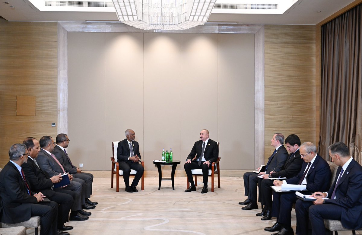 The President's Office (@presidencymv) on Twitter photo His Excellency President Dr <a href="/MMuizzu/">Dr Mohamed Muizzu</a> meets with His Excellency Ilham Heydar oglu Aliyev, President of the Republic of Azerbaijan, at Crowne Plaza Tianjin Meijiangnan.
During the meeting both leaders highlighted the close cooperation between the Maldives and Azerbaijan. The His Excellency President Dr <a href="/MMuizzu/">Dr Mohamed Muizzu</a> meets with His Excellency Ilham Heydar oglu Aliyev, President of the Republic of Azerbaijan, at Crowne Plaza Tianjin Meijiangnan.
During the meeting both leaders highlighted the close cooperation between the Maldives and Azerbaijan. The