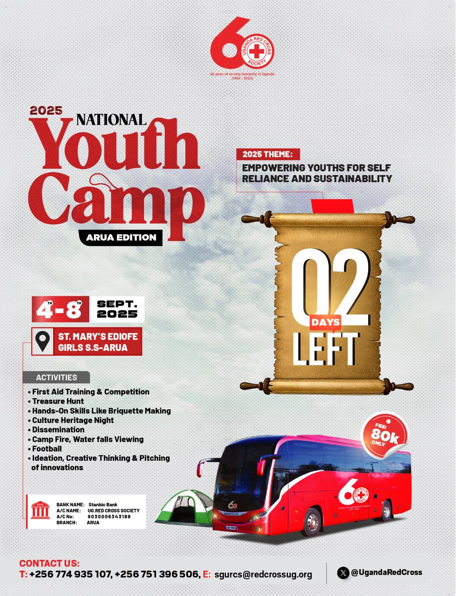 UgandaRC_Youths's tweet photo. The countdown is on. We are 2️⃣ days away to the National Youth Camp. 
Hope your bags are ready. 
Arua, here we come.
📍St. Mary's Ediofe Girls SS
 🗓 4th -8th September 2025
Miss not!
#URCSYouthCamp2025 
@UgandaRedCross https://t.co/NH8Vt9mZV6