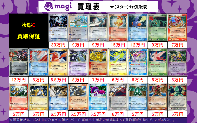 magi_Shinjuku's tweet photo. 【#magi新宿西口店　買取表】

☆のお持ち込み募集しています！
極度の折れ、欠損がなければ状態Cの保証買取も行っております👍

エポスカードご提示で買取価格5％,最大3万円UP ！
https://t.co/YH6VAquBB5

※ポスト日のみ有効の買取表となります。
※状態により減額となる場合がございます。 https://t.co/HPp4KUcsNi