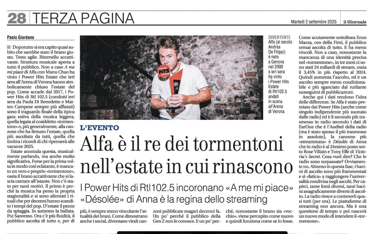 IlPaoloGiordano's tweet photo. Alfa con "A me mi piace" vince il Power Hits di Rtl102.5 nell'estate in cui i tormentoni iniziano una nuova fase (e chissà se resisteranno). #RTL1025phe25 #Alfa #Amemipiace @rtl1025 https://t.co/PxB8zMlZq9