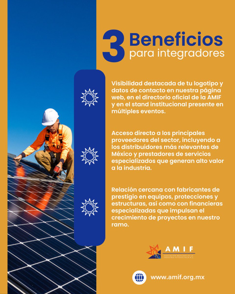 ✨ Ser parte de AMIF es crecer con visibilidad, contactos y oportunidades en la industria solar.
🔗 Afíliate 👉 amif.org.mx
#AMIF #EnergíaSolar #IndustriaFotovoltaica