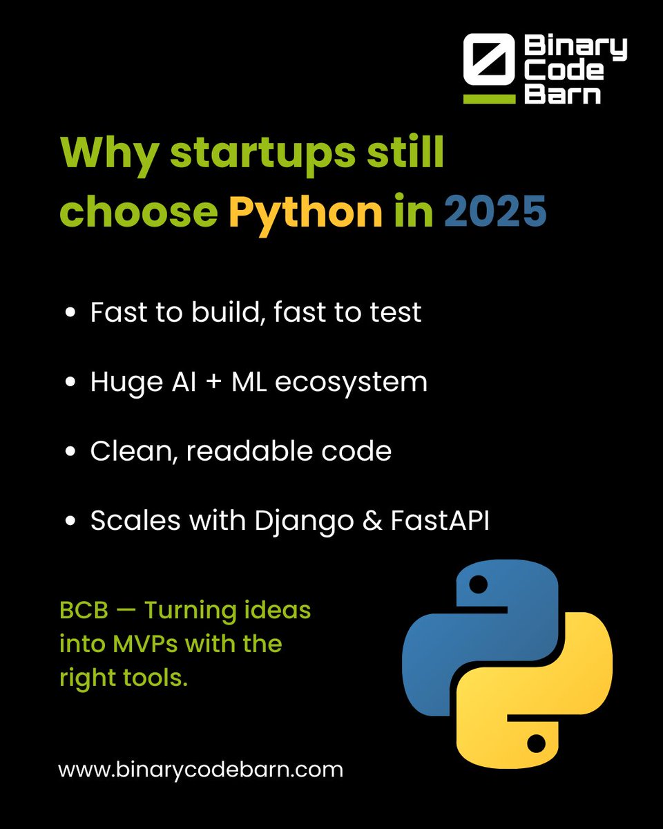 binarycodebarn's tweet image. In 2025, Python is still the go-to for building smart MVPs.
It’s fast, simple, and built for everything from AI to scalable web apps.
At BCB, we pick tools that help startups launch faster and smarter.
#BuiltByBCB #PythonDevelopment #MVP2025 #StartupT