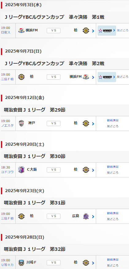 #柏レイソル 9月の試合

　↓中2日
9/3㊌ルヴァンカップvs横浜Ｍ(A)
　↓中3日
9/7㊐ルヴァンカップvs横浜Ｍ(H)
　↓中4日
9/12㊎J1第29節vs神戸(A)
　↓中7日
9/20㊏J1第30節vsＣ大阪(A)
　↓中2日
9/23㊋J1第31節vs広島(H)
　↓中4日
9/28㊐J1第32節vs川崎(A)
　↓中5日