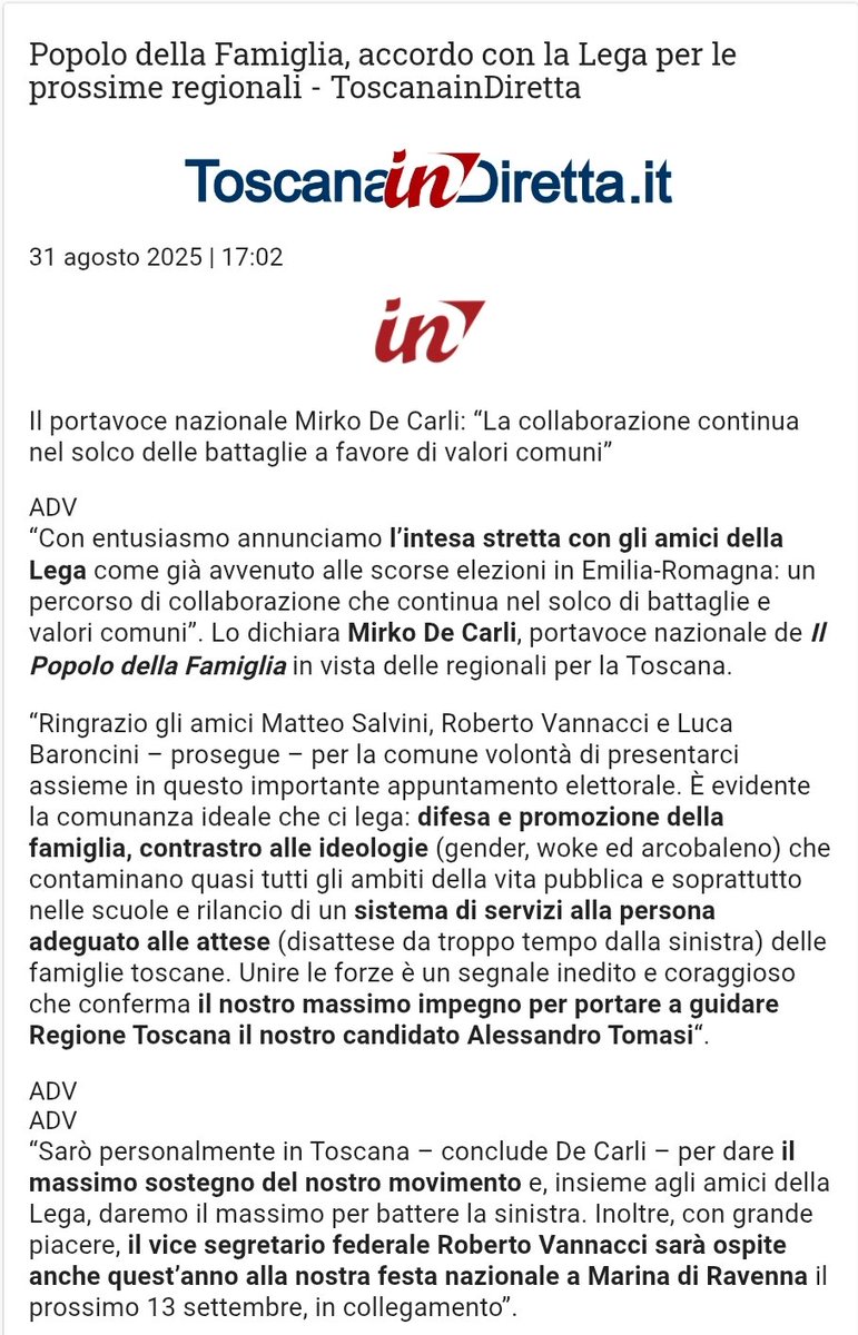 agipress.it/siglato-accord…

In #Toscana alle prossime #elezioniRegional (come pure in talune elezioni comunali) il #PopolodellaFamiglia parteciperà in lista con la #Lega, il cui simbolo è stato modificato per l'occasione, accogliendo al proprio interno il simbolo del PdF.
