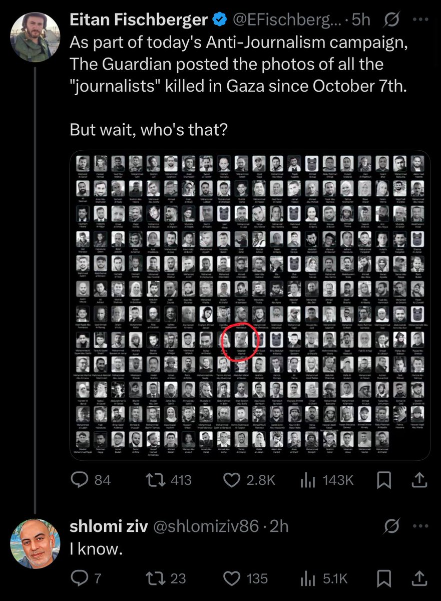 This is truly insane. 

The man that Eitan has encircled is Abdallah Aljamal: a Hamas operative who moonlighted as a journalist while holding three Israelis hostage in his home for eight months. 

Shlomi Ziv is one of the hostages he held captive.