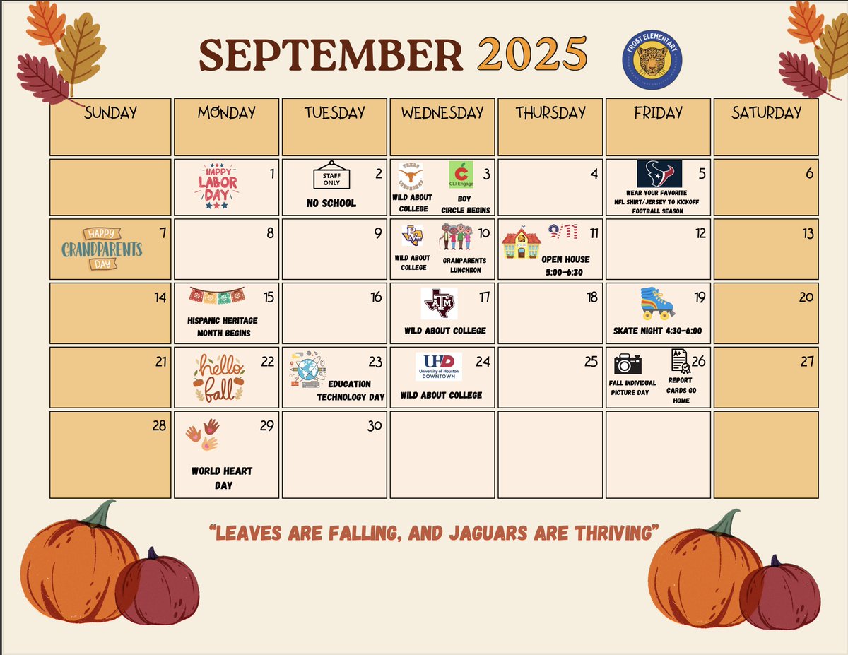Frost_Elem's tweet photo. "Leaves are falling, and Jaguars are thriving" .. 
Here's whats happening at Frost this month. Mark your calendars! https://t.co/87063s4TP5
