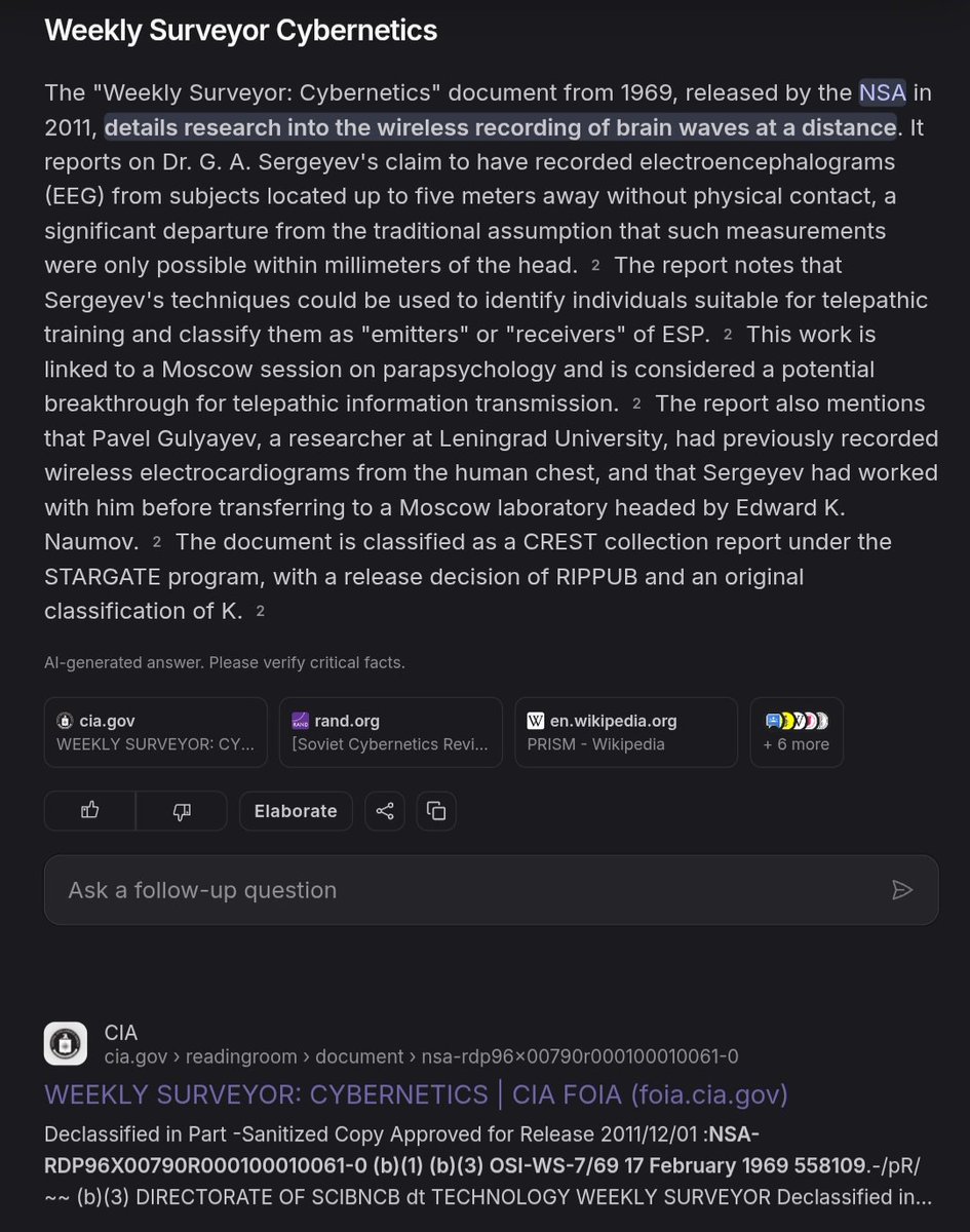 NSA Semiotic Cybernetics search.brave.com/search?q=NSA+S…
.
Weekly Surveyor: Cybernetics" from 1969 NSA: "The document is classified as a CREST collection report under the STARGATE program"  search.brave.com/search?q=Weekl…
