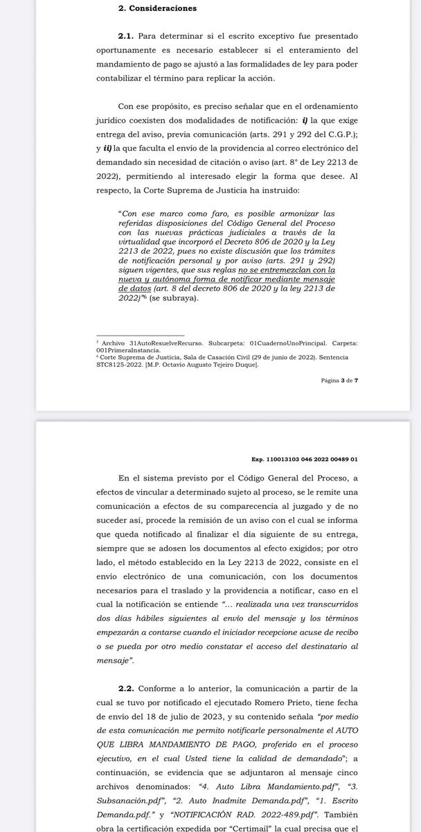 jairoparrac's tweet photo. ERROR EN LA NOTIFICACIÓN POR LEY 2213 DE 2022. CONFUSIÓN POR INVOCAR REGLAS DEL CÓDIGO GENERAL DEL PROCESO. TSB: En este caso se discutió la validez de la notificación del mandamiento de pago dentro de un proceso ejecutivo, dado que el juzgado de primera instancia consideró extemporáneo el escrito de excepciones presentado por el demandado.

La notificación se realizó por correo electrónico, con documentos adjuntos que incluían un aviso indicando que la notificación se entendería surtida cinco días hábiles después. Esto generó confusión, pues la Ley 2213 de 2022 establece que la notificación se surte dos días hábiles después del envío.

El tribunal concluyó que este error afectó el derecho de defensa y contradicción del demandado, ya que recibió información inexacta que lo indujo a error. En consecuencia, no se puede considerar surtida en debida forma la notificación desde la fecha del correo y se debe tener en cuenta el escrito exceptivo presentado —⬇️⬇️—