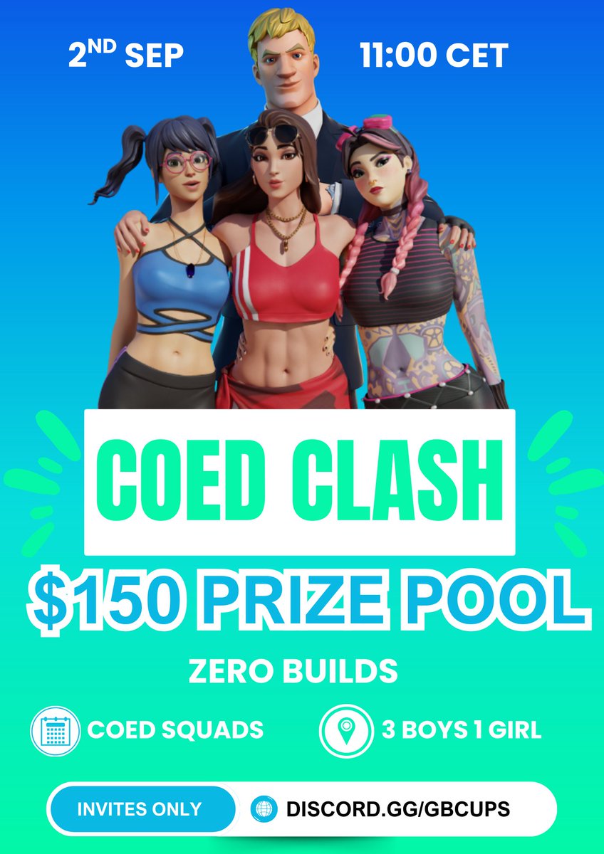 Did anyone ask for Chaos?👀
🏆$150 COED CLASH 7.0🏆

📅 2nd September
🎮 ZB Squads
📝 3 Boys 1 &amp; Girl

📌Follow <a href="/iGirlyBella/">GirlyBella</a>
♻️Like &amp; Retweet
💬Reply Tagging your Squad