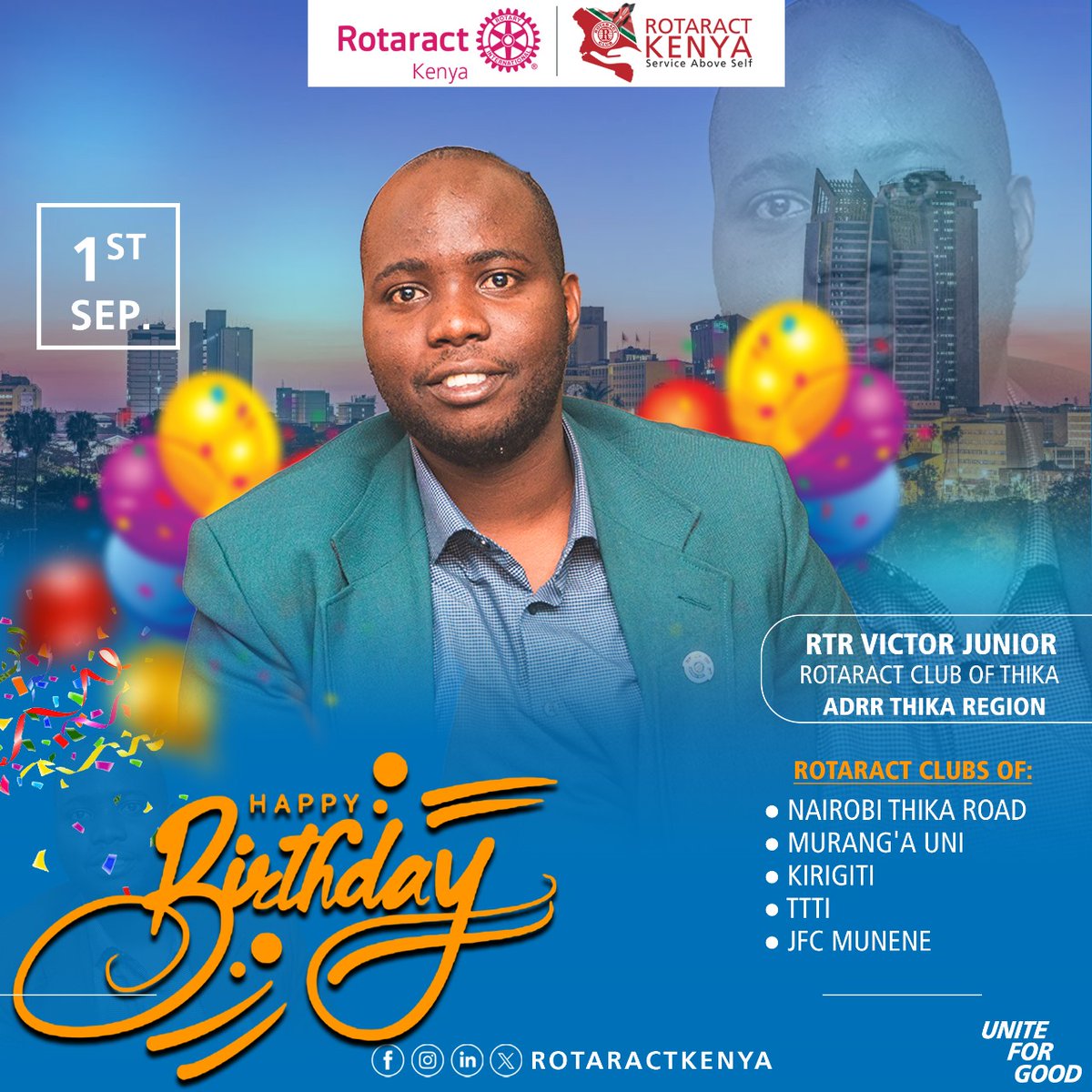 Happy Birthday, ADRR Victor!

Rotaract Kenya celebrates you on this special day. May this new year of your life be filled with joy, good health, and countless opportunities to inspire and lead. Thank you for your dedication and service, we wish you endless happiness and success!