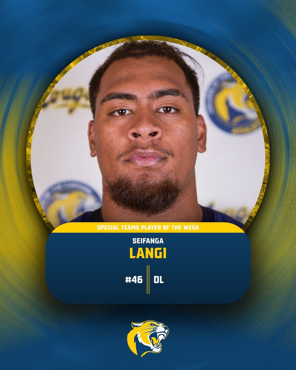 Congratulations to College of the Canyons Week 1 Special Teams Player of the Week, Seifanga Langi .

💛💙🏈💙💛

#CougarBuilt
#CougarStrong
#ThisIPromise