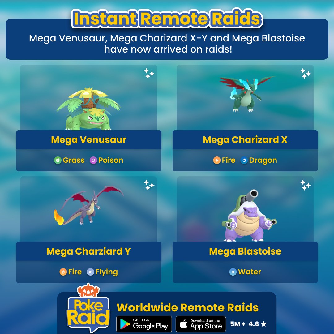 PokeRaidApp's tweet photo. #MegaVenusaur, #MegaCharizardX, #MegaCharizardY and #MegaBlastoise have now arrived on #PokemonGoRaids! Open the #PokeRaidApp now and find a #RemoteRaid instantly.
#Venusaur #Charizard #Blastoise https://t.co/kCD8qdNBTa