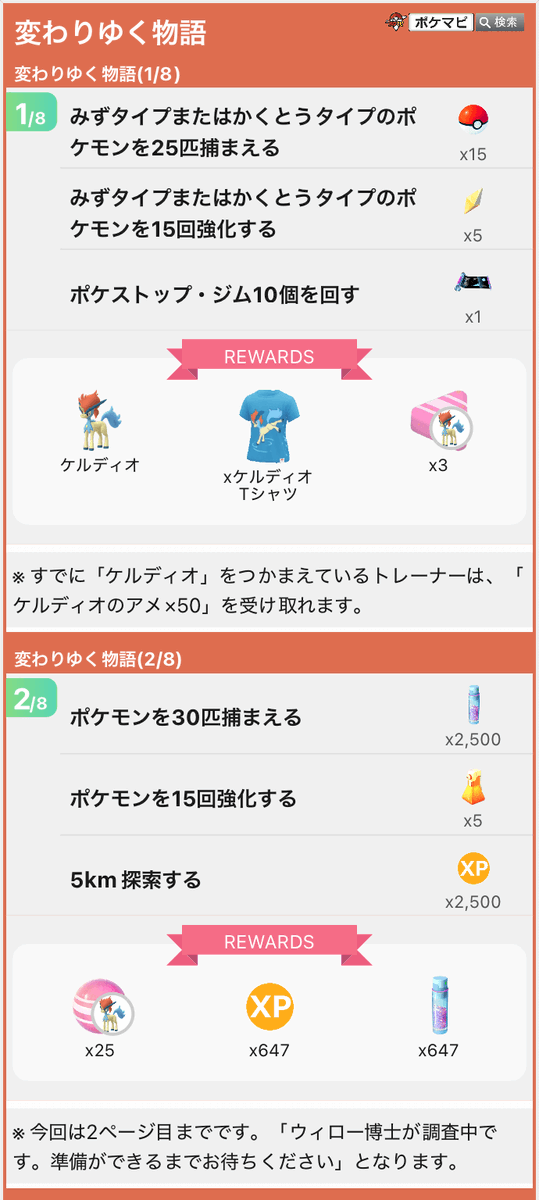 「変わりゆく物語」のシーズンのスペシャルリサーチの内容

💡全8ページ中、2ページ目までが判明

✅ケルディオとの出会い（すでに捕まえている場合はケルディオのアメ）
✅シーズン全体での冒険を経て、ケルディオ（かくごのすがた）が初登場！

▼pokemongo-get.com/board/8764/

#ポケモンGO #ケルディオ
