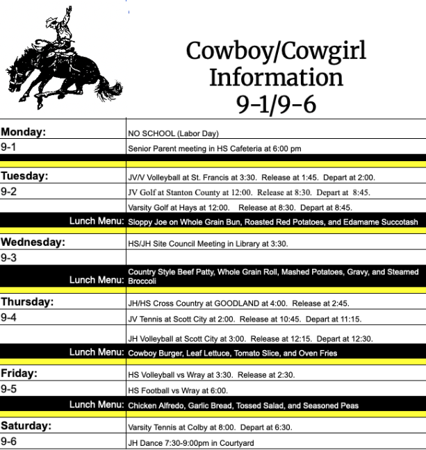 Cowboy Information for the week of 9-1/9-6.  Have a great week Cowboys and Cowgirls!!