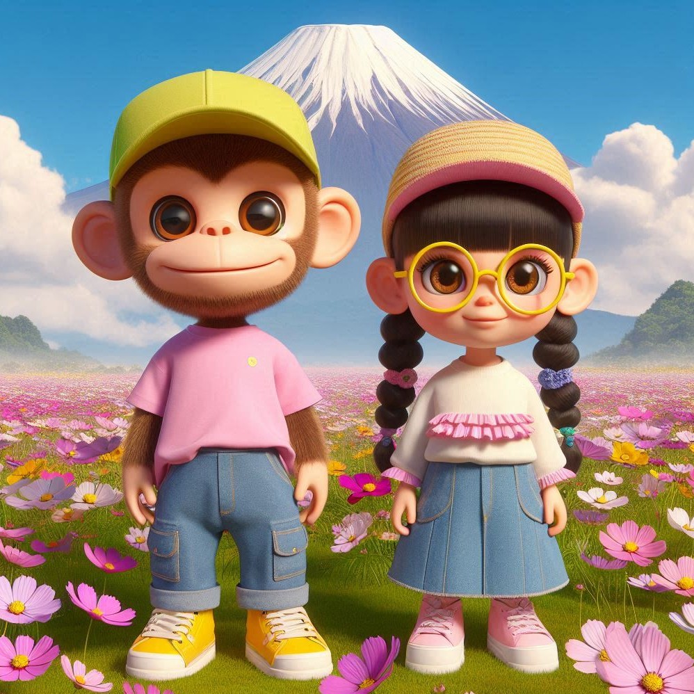 おはようござる🐒(🎆)
９月はコスモス畑からご挨拶♡
#AIイラストやあやの挨拶おさる