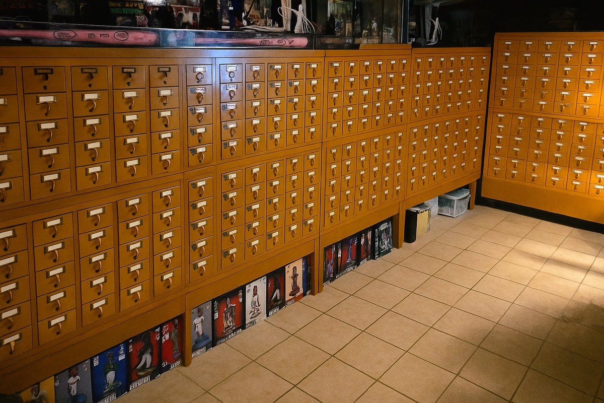 Here is an updated picture of my 5 1949 Remington Rand Library Card Catalogs. Housing 148,274 Griffey Cards. Feel free to share. <a href="/Mariners/">Seattle Mariners - y</a> <a href="/Reds/">Cincinnati Reds</a> <a href="/Topps/">Topps</a> <a href="/PaniniAmerica/">Panini America</a> <a href="/FanaticsCollect/">Fanatics Collect</a> 
Sorry about the bobbleheads underneath. Running out of room lol.
