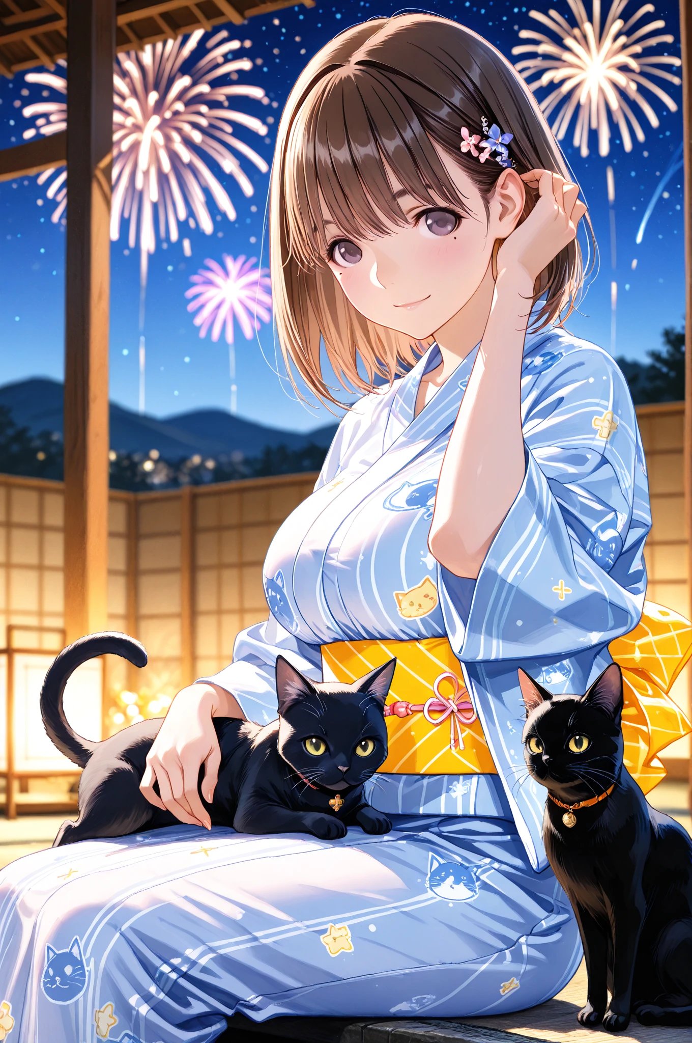 少女と猫のブロンズ彫刻 猫を背負ってる女の子 シンガプーラ猫のブロンズ像とリアルな (普通の) 猫 - 桜猫