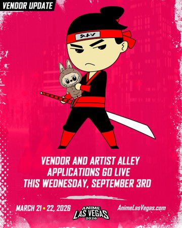 🚨 Vendor Update! 🚨

Vendor &amp; Artist Alley applications for Anime Las Vegas 2026 go live this Wednesday, September 3rd! 🎉

Don’t miss your chance to showcase your art, merch, and creations at one of the biggest anime conventions in Vegas. ✨

📍 The Expo at World Market Center