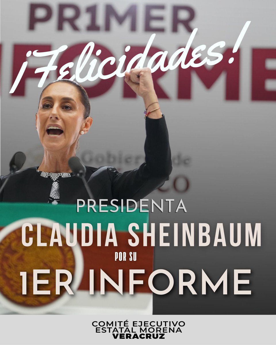 Las y los integrantes del Comité Ejecutivo Estatal de Morena Veracruz felicitamos con orgullo a nuestra presidenta, la Dra. Claudia Sheinbaum, por su Primer Informe de Labores.
Un año de trabajo con honestidad, resultados y transformación en beneficio del pueblo de México. 🇲🇽❤️