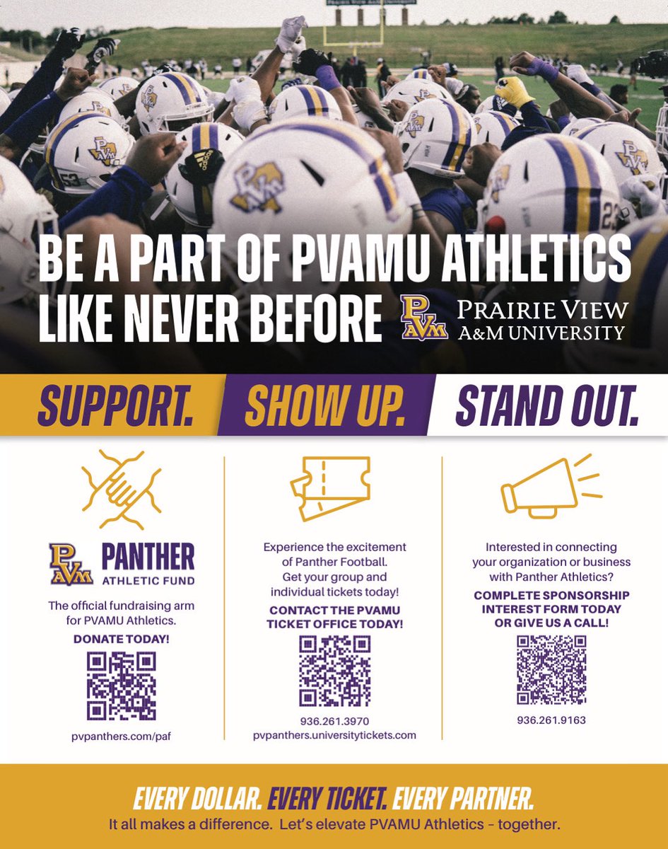 Panther Athletic Fund (@pvamu_paf) on Twitter photo SUPPORT. SHOW UP. STAND OUT. 
💰 Donate to the Panther Athletic Fund: pvpanthers.com/paf
🎟️ Purchase tickets and join us at Panther Stadium: pvpanthers.universitytickets.com/w/
📣 Partner with PV Athletics and become a Corporate Partner. Call: 936.261.9163. 
#ittakesavillage 💜 SUPPORT. SHOW UP. STAND OUT. 
💰 Donate to the Panther Athletic Fund: pvpanthers.com/paf
🎟️ Purchase tickets and join us at Panther Stadium: pvpanthers.universitytickets.com/w/
📣 Partner with PV Athletics and become a Corporate Partner. Call: 936.261.9163. 
#ittakesavillage 💜