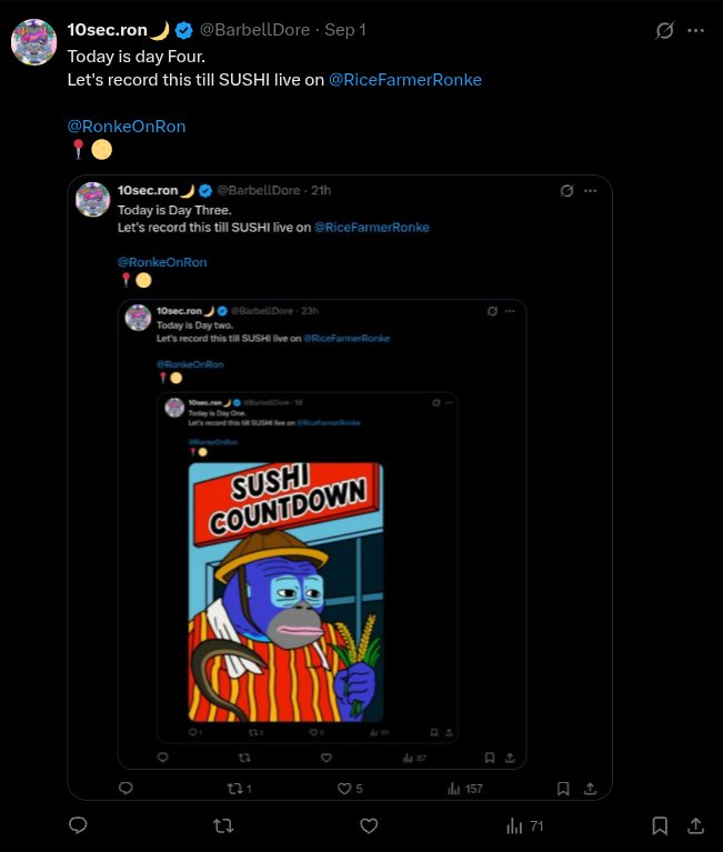 Today is day Five.
Let's record this till SUSHI live on <a href="/RiceFarmerRonke/">Ronke Rice Farmers</a> 

<a href="/RonkeOnRon/">Ronin Monke</a> 
📍🌕