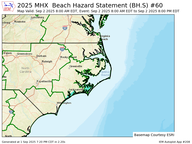 MHX issues Beach Hazard Statement valid at Sep 2, 8:00 AM EDT for Coastal Onslow, Ocracoke Island [NC] till Sep 2, 8:00 PM EDT mesonet.agron.iastate.edu/vtec/f/2025-O-…