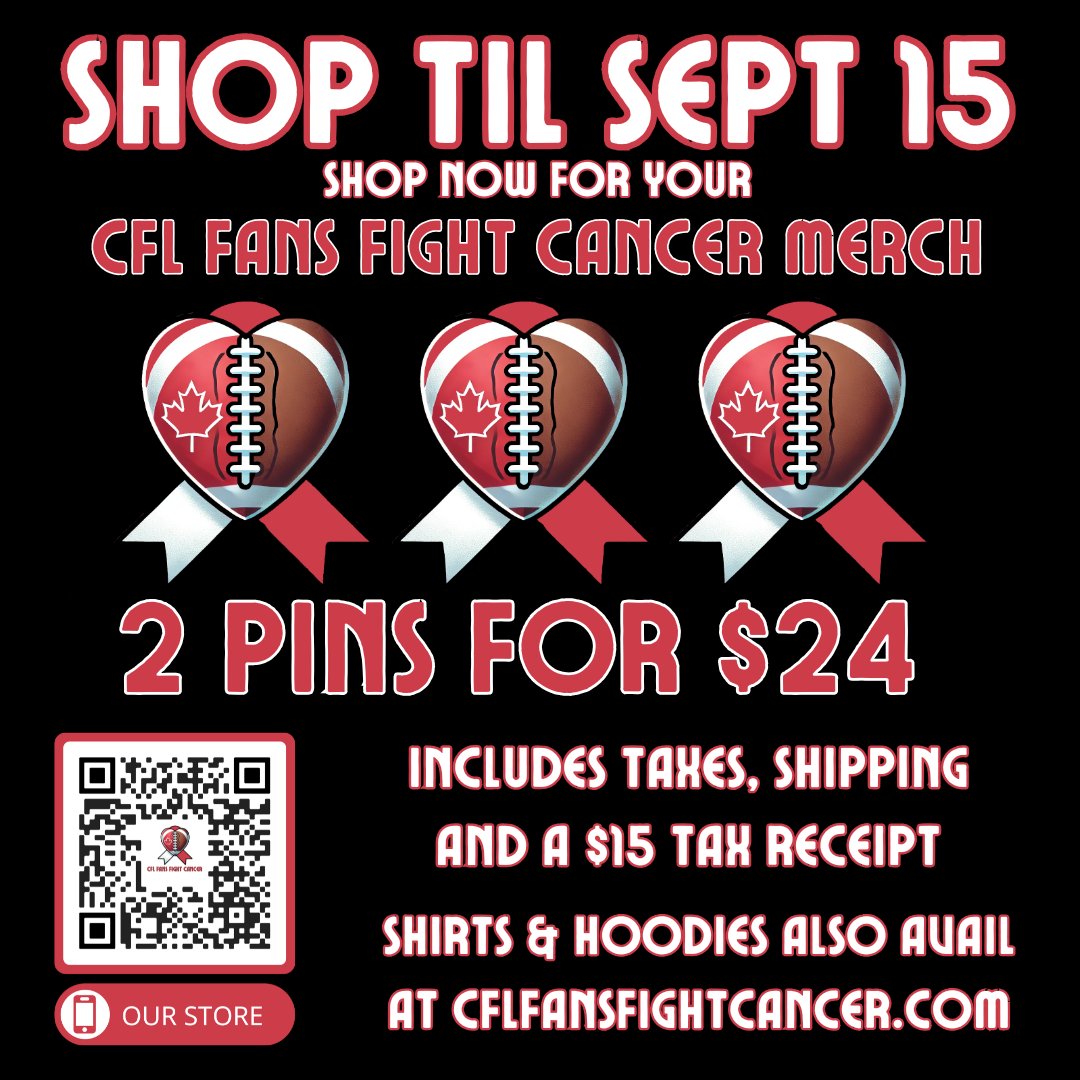So much support and love this week, huge shoutout to the #LD65KM folks for crushing it.

Saw about 10 orders come in this weekend for pins and merch, two weeks left to get yours here: cflfansfightcancer.com/category/all-p…

#CFL #CFLFamily #CFLFFC