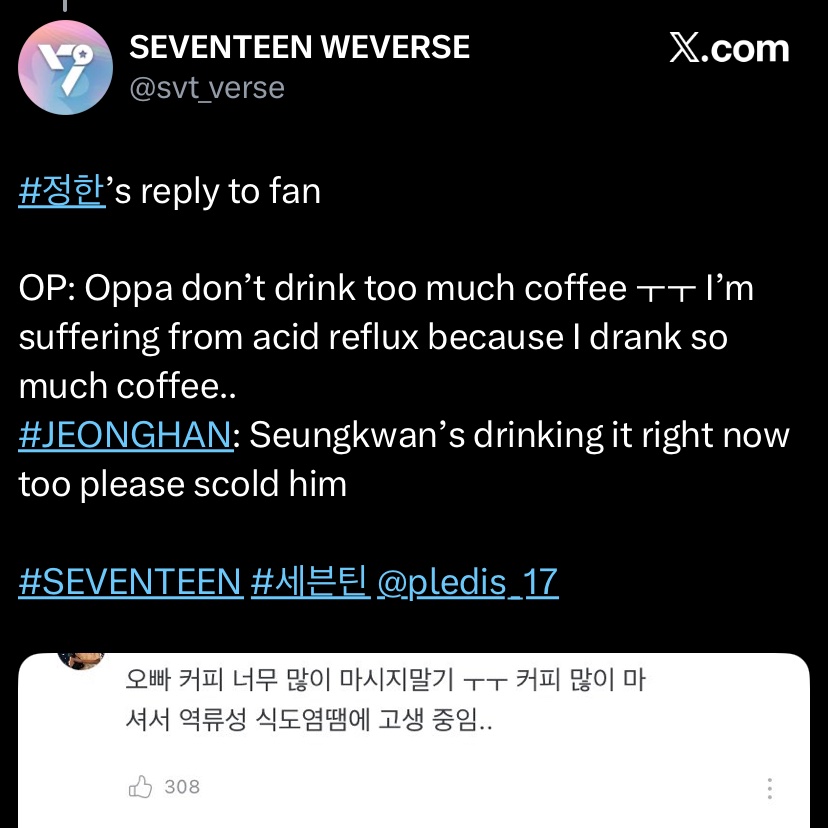 maesvto's tweet photo. 💎: stop drinking so much coffee 
seungcheol: yeah seungkwan stop drinking so much coffee
seungkwan: maybe u need to focus on ur own alcohol addiction first

??:)3£3!3 he’s actually insane 😭😭 https://t.co/kg57BGwlZM