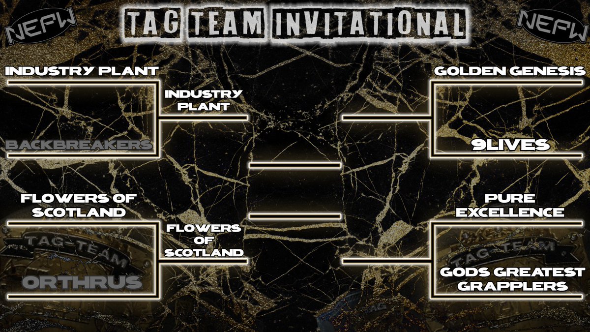 🚨TAG TEAM INVITATIONAL UPDATE🚨
-
Flowers of Scotland ADVANCE to face Industry Plant in round 2 of the invitational! 

NEXT WEEK on After Dark Golden Genesis goes 2 on 2 Against 9Lives to see who advances to the semi finals!