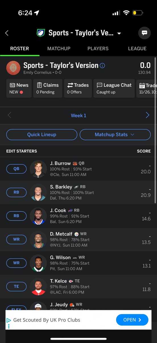 Should I rename my fantasy team Kelce’s Angels? 
please help me Taylor Swift football community