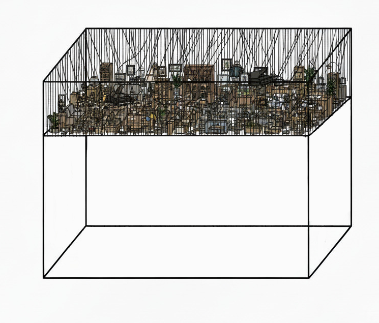 house idea, a giant room with a ceiling stuffed with objects that you can lower down to change the room