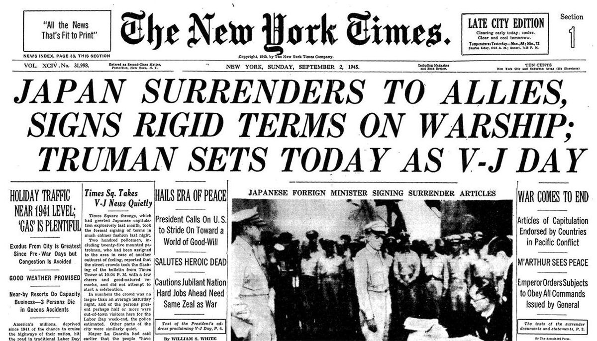 Одоогоос 80 жилийн өмнө яг энэ өдөр Япон Холбоотнуудад бууж өгснөөр Д2Д төгсгөл болжээ