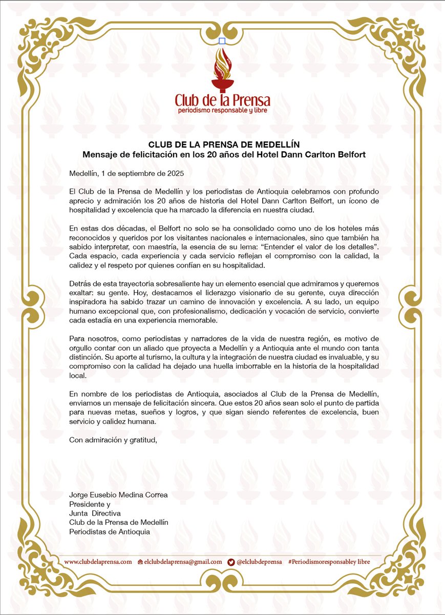 Hoy acompañamos una celebración que nos llena de orgullo: los 20 años del <a href="/hotelbelfort/">Hotel Belfort</a>: referente de hospitalidad y distinción y una historia de excelencia, servicio y compromiso con nuestra ciudad.

#ClubDeLaPrensa #DannCarltonBelfort #22AñosClub #20AñosBelfort