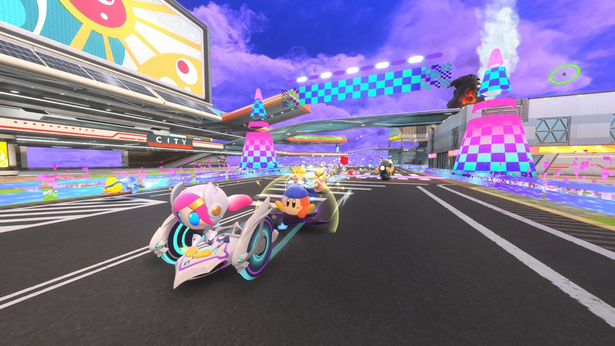 Short races take place in urban parts of Skyah. Grab some power-ups while you wait for the race to start, and earn rewards based on your rank at the end! #KirbyAirRiders