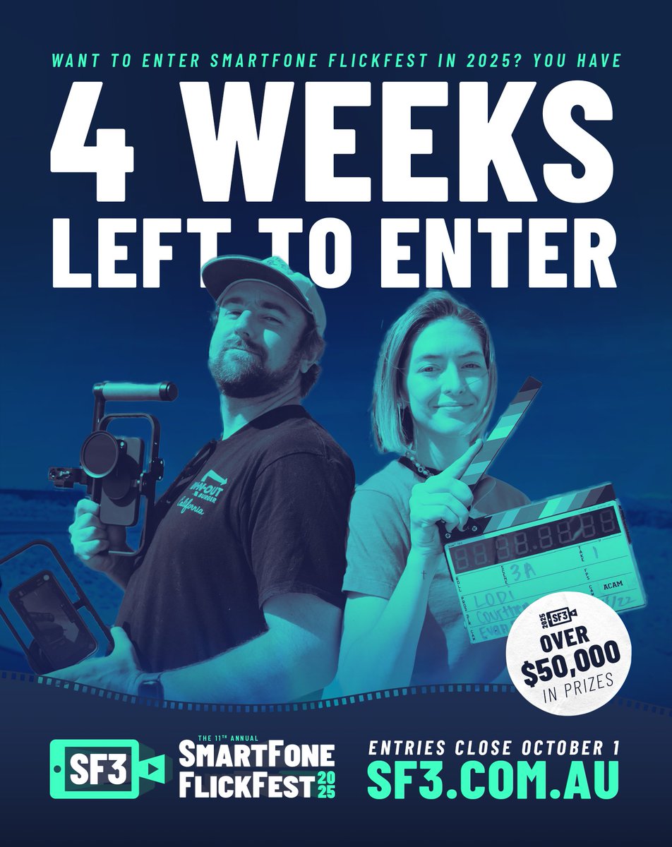 4 weeks left to enter SF3! This is your call to action; pick up your phones or tablets, shoot your idea &amp; enter it into our 11th season by Oct 1 for your chance to share in over $50,000 in prizes and screen at the Sydney Opera House this Jan 23-25! sf3.com.au