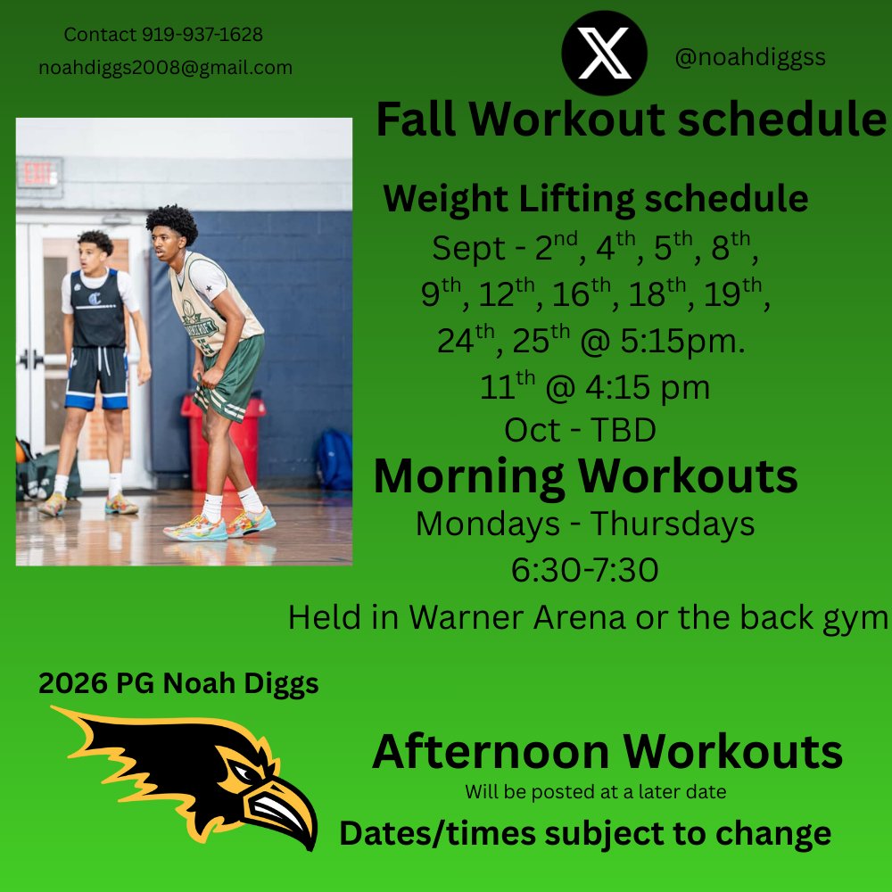 Noah Diggs (@noahdiggss) on Twitter photo Coaches, here is my Fall Workout Schedule
<a href="/rod_bridgers/">Rod Bridgers</a> <a href="/Coach_Z22/">Zachary Stitt</a> <a href="/RavensAthletics/">RavenscroftAthletics</a> Coaches, here is my Fall Workout Schedule
<a href="/rod_bridgers/">Rod Bridgers</a> <a href="/Coach_Z22/">Zachary Stitt</a> <a href="/RavensAthletics/">RavenscroftAthletics</a>