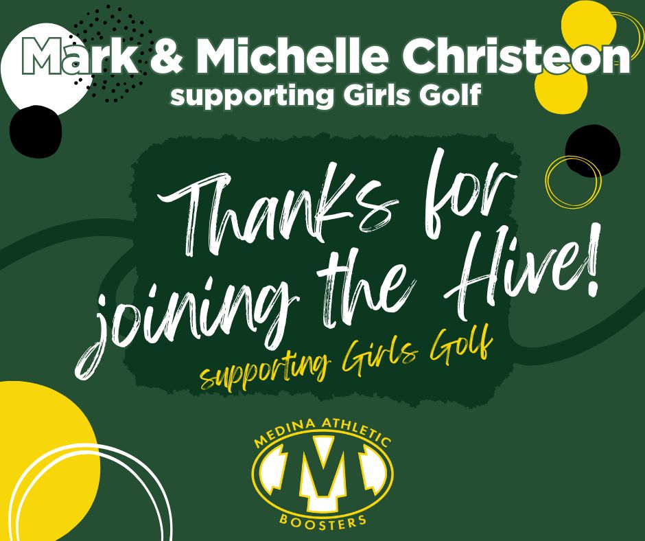 The <a href="/MedinaBoosters/">MedinaBoosters</a> thank Mark &amp; Michelle Christeon for rejoining the Hive for the new season and supporting <a href="/beesgirlsgolf/">Medina Girls Golf</a> with 80% of their membership.  Get in the swing of things &amp; Join the Hive.  medinaboosters.org/membership-lev… <a href="/medinaathletics/">Medina Athletics</a>