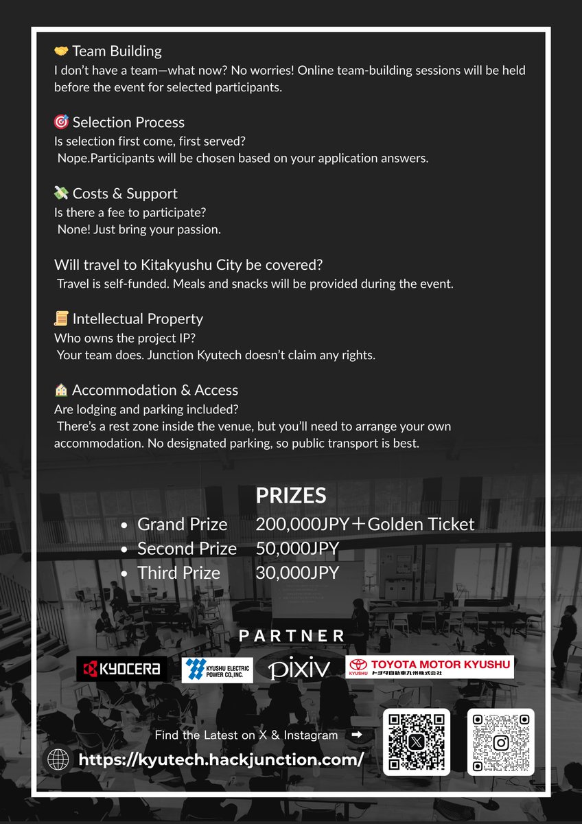 junctionx_9tech's tweet image. 🏆 PRIZES at JunctionKyutech 🏆

🥇 Grand Prize: ¥200,000 + Golden Ticket
🥈 Second Prize: ¥50,000
🥉 Third Prize: ¥30,000

Compete, create, and win big!
More info 👉 kyutech.hackjunction.com