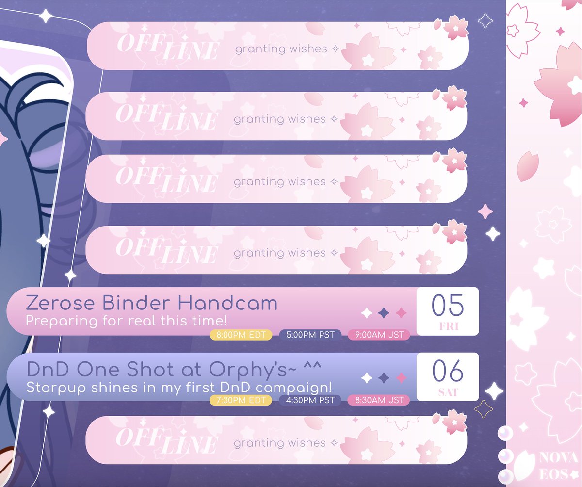 🌟Weekly Schedule!🌸
[Sept. 1 - Sept. 7]

ZB1 COMEBACK HANDCAM FR THIS TIME! &amp; my first ever DnD campaign on Orphy's channel! 🫣

General: #novaeos
Live: #novALIVE
Art: #artNOVAeu
Meme: #novAHAHA
NSFW: #NOVA18
Fan Name: Starbits