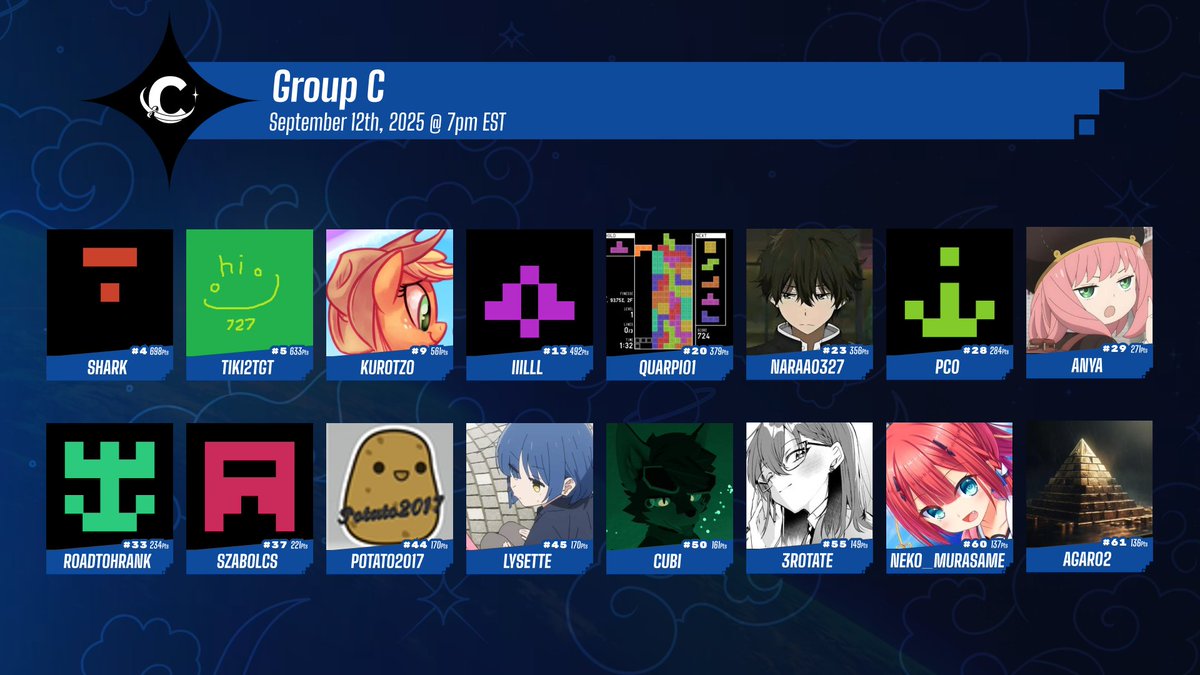 tetrio_TWC's tweet image. First of all, we have our four groups for the Swiss stage, which can be seen below along with the times each group will start.